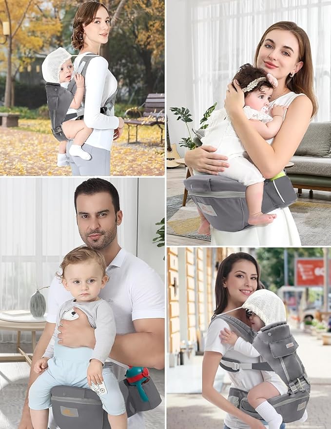 Baby Carrier with Hip Seat, 6 in 1 Baby Carrier Newborn to Toddler, Adjustable Infant Carrier with Hood, All Seasons & All Position Baby Holder Carrier for Breastfeeding