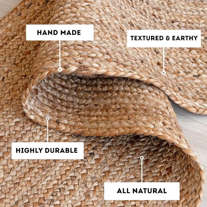 HOMEMONDE Jute Rug 9'x12' Rectangular Boho Home Decor Area Rug - Natural Hand Woven Rustic Vintage Reversible Braided Rug for Bedroom, Kitchen, Living Room, Hallway, Dining Room