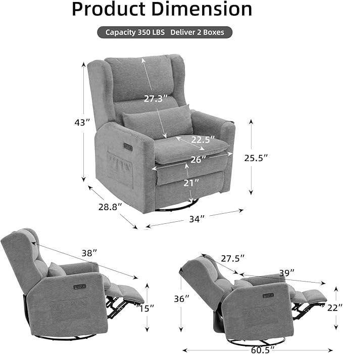 Oversized Swivel Rocker Recliner Chair, 26" Extra Wide Glider Nursery Chair with Adjustable Headrest, Chenille Power Recliner Rocking with Double Cushion, Cup Holder, Grey