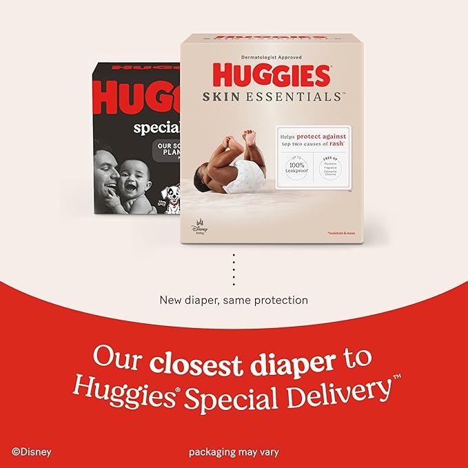 Huggies Size Newborn Diapers, Skin Essentials Baby Diapers, Size Newborn (6-9 lbs), 180 Count (3 Packs of 60), Packaging May Vary