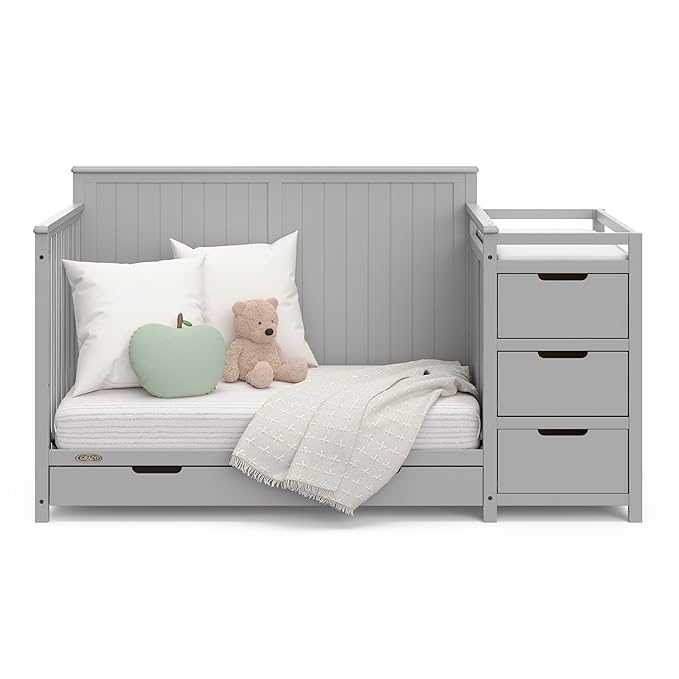 Graco Hadley All-in-One Convertible Crib & Changer (Pebble Gray) – GREENGUARD Gold Certified, Fits Standard Crib Mattress, Converts to Toddler Bed and Full Bed, 4 Adjustable Mattress Heights