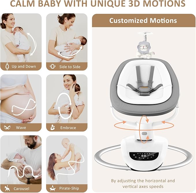 Angelbliss Baby Swing with Custom Motion, 3D-Motion Electric Swing with 6 Unique Motions & 4-Speeds, Bluetooth Enabled, 13 Preset Lullabies (Grey)