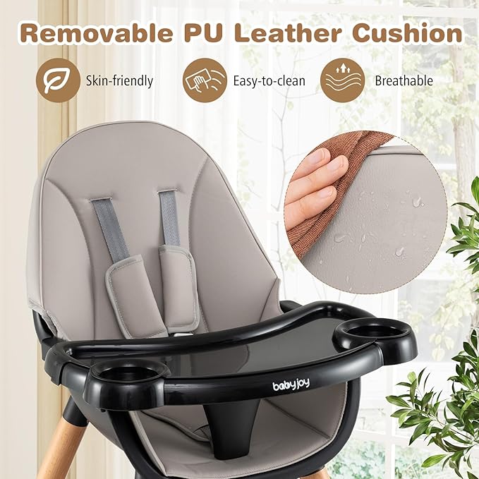 BABY JOY 6 in 1 High Chair, Convertible High Chairs for Babies and Toddlers/Booster Seat/Table and Chair Set, Infant Wooden Highchair w/ 5-Point Harness, 4-Position Removable Tray & PU Cushion (Black)