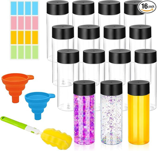 16 Pcs Clear Plastic Bottles Empty Sensory Bottles with Caps, PET Plastic Juice Bottles Reusable Bulk Leakproof Drink Containers Clear Water Bottle for Juice Milk (Black Lid, 10 oz/ 300 ml)