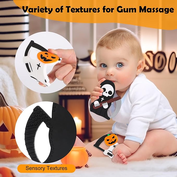Halloween Baby Teething Toys 2Pack–Pumpkin Ghost & Grim Reaper Silicone Teethers for Newborns, Infants & Toddlers–Sensory Chew Toys for Teething Relief–Perfect Baby’s First Halloween Basket Stuffers