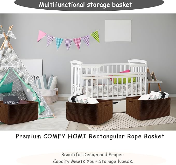 COMFY-HOMI 3 pcs Large Storage Baskets for Shelves, Laundry Basket, Woven Rope Basket, Closet Organizer Bins for Clothes Blanket Towels, Baby Nursery, Gift Toy Baskets, 17” x 13” x 7.5”-dark brown