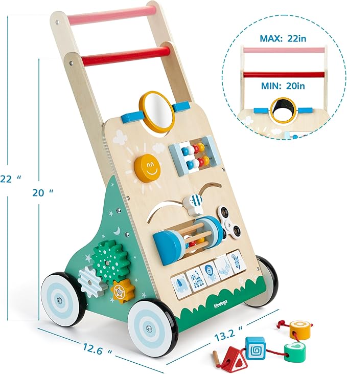 Wooden Baby Walker, 10 in 1 Baby Activity Center Walker Adjustable Wood Toddler Walker Push Walker Toy for Boys and Girls (BW001)