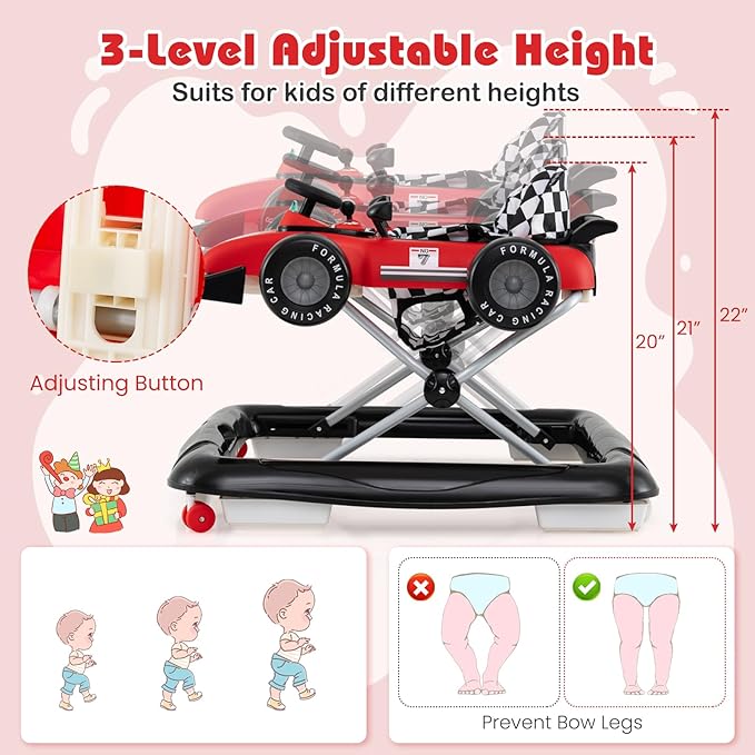 BABY JOY 4-in-1 Baby Walker, Foldable Activity Walker with Push Mode, Adjustable Height, Lights, Anti-Rollover, Baby Walker with Wheels for Boys Girls 6-18 Months (Red)