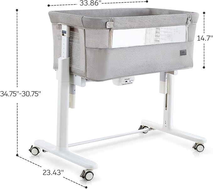 Electric Rocking Bassinet for Baby, Automatic Bedside Sleeper Electric Baby Cradle for Infant Newborn with Wheels, Smart Auto Rocking Crib 3 in 1 Bassinet 5 Heights Adjustable, Light Grey