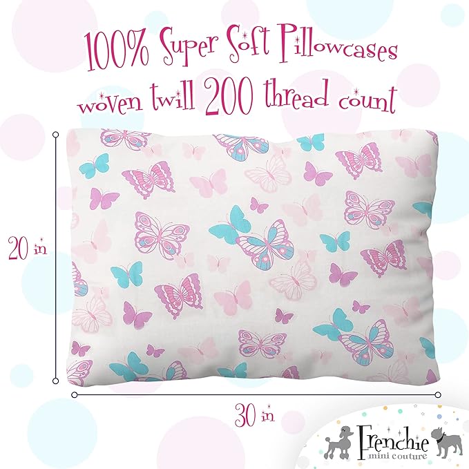 2-Piece Kids Twin Sheets Set, 100% Woven Cotton, Deep Pocket Bed Sheet 39 x 75 x 15in + Pillowcase 20 x 30, Butterfly (White)