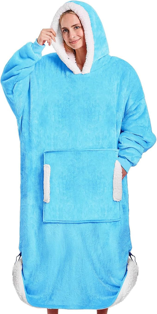 yescool Wearable Blanket Hoodie - birthday gifts for Adults/Women/mom, Flannel Cozy Sherpa Fleece Blanket Sweatshirt with Hood, Pocket & Sleeves, Large, One Size Fits All (Turquoise)