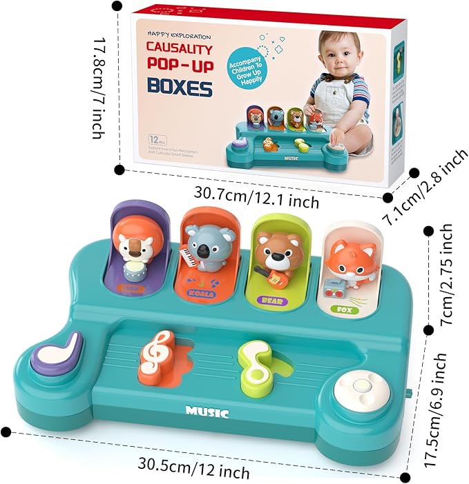 Montessori Toys for 1 Year Old Boy Girl, Early Learning Baby Musical Toys 6-9-12-18 Month, Cause & Effect Interactive Pop up Animal Toy with Music, STEM Birthday Gift for Toddler Toys Age 1-2