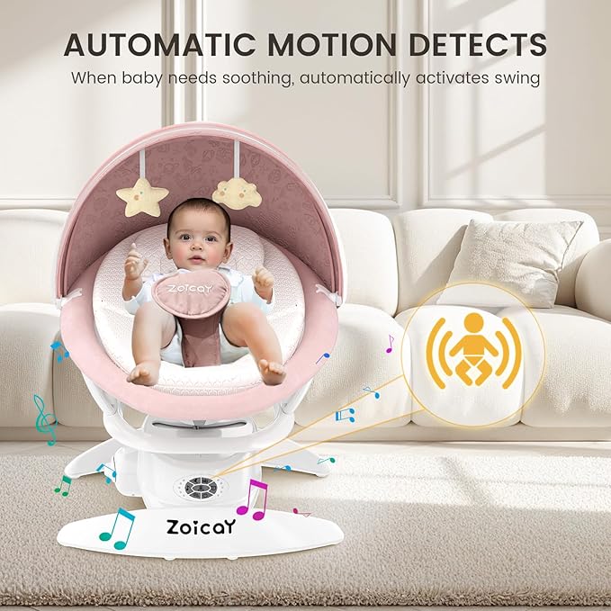 3-in-1 Baby Swing for Infants with Motion Detection, Electric Baby Swing with 3 Swing Modes, 12 Lullabies & 5-Speeds & Removable Swing Seat, BT Enabled & 360°Rotating Seat and Manual Remote, Pink