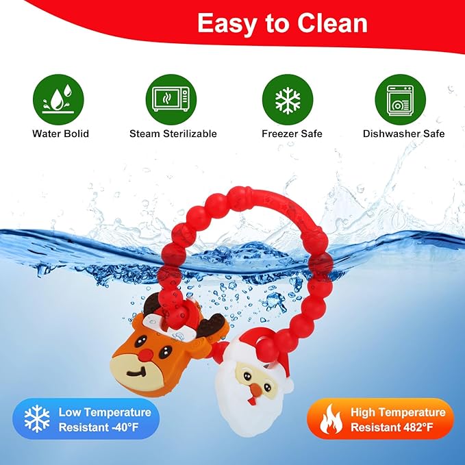 Christmas Baby Teething Ring Toys – Santa Claus & Reindeer Teethers for Newborns, Infants & Toddlers – Sensory Chew Bracelet for Teething Relief – Perfect Baby’s First Christmas Stocking Stuffers