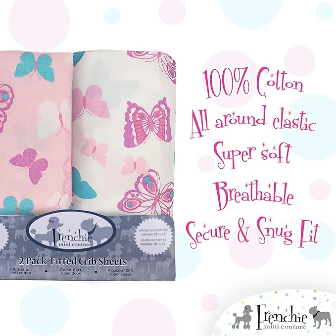 Crib Sheets 2 Pack, 100% Woven Cotton, Fitted Mattress Covers, Fits Standard Size Toddler Bed 28 x 52 x 8in, Butterfly