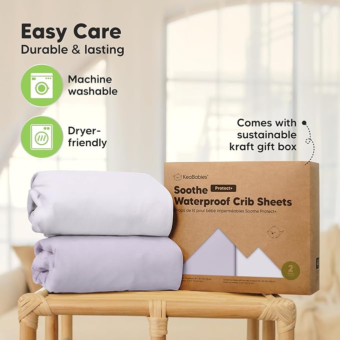 2-Pack Waterproof Crib Sheets for Girl, Boy - Organic Cotton 52X28 Fitted Crib Sheets Neutral, Crib Mattress Protector Sheets, Soft Toddler Bed Sheets, Washable Infant Fitted Baby Crib Sheets (Lilac)