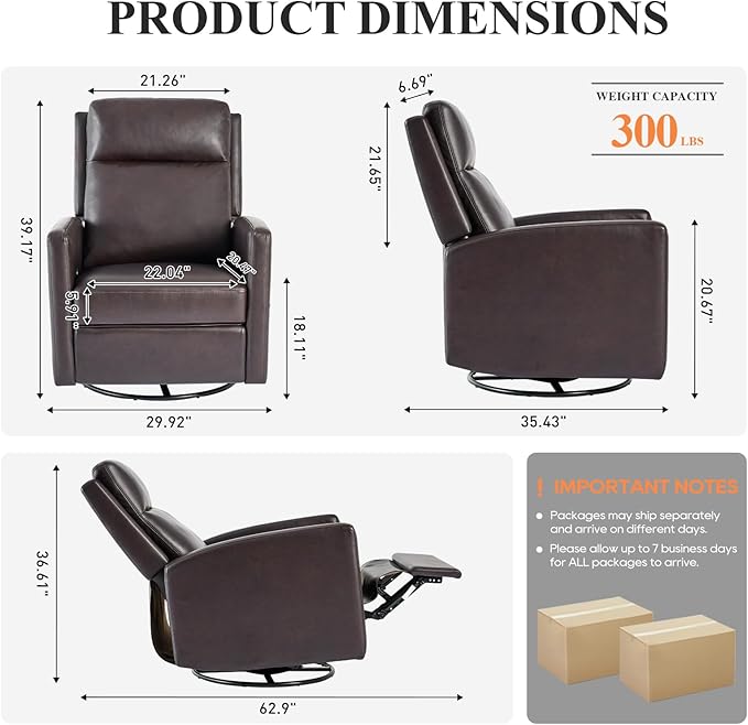 COLAMY Recliner Chair, PU Leather 360° Swivel Rocker Recliner, Nursery Glider Recliner with Ergonomic High Backrest and Upholstered Deep Seat for Living Room, Bedroom, Color Chocolate