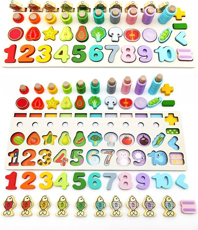 Magnetic Fishing Game, Montessori Educational Toy for 1-3, Wooden Alphabet Number Shape Puzzles, Rings Counting Sorting Toys Math Shape Blocks for Toddlers 3-5