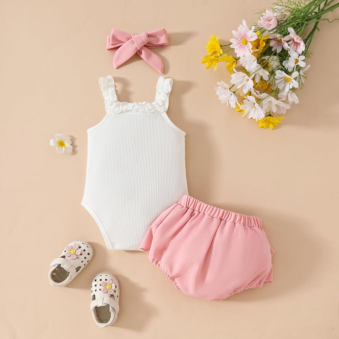 Kaipiclos Cherry Baby Outfit Newborn Infant Girl Clothes Rib Knit Romper & Shorts Waffled Baby Clothes for Girls 0 3 6 12 18M