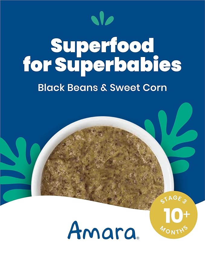 Amara Organic Baby Food - Stage 3 - Black Bean & Sweet Corn - Baby Cereal to Mix With Breastmilk, Water or Baby Formula - Shelf Stable Baby Food Pouches Made from Organic Veggies - 10 Pouches, 3.5oz Per Serving