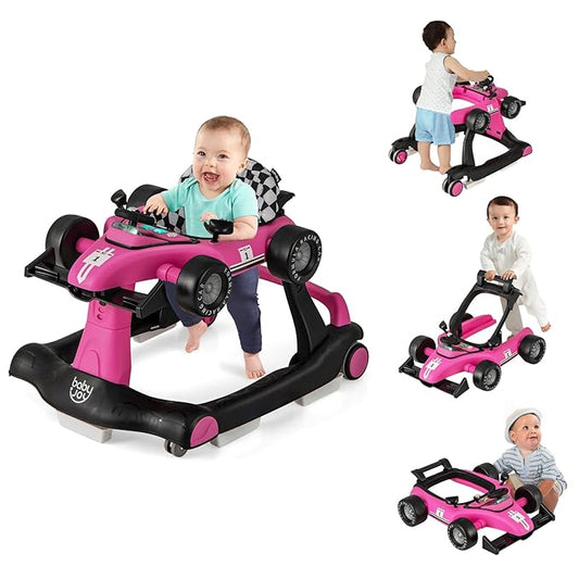 BABY JOY 4-in-1 Baby Walker, Foldable Activity Walker with Adjustable Height & Speed, Music, Lights, Steering Wheel, Comfy Seat Cushion, Activity Baby Push Walker for Boys Girls Aged 6 –18 (Pink)