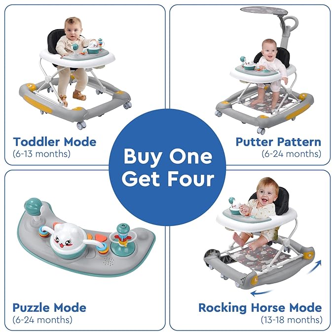 4 in 1 Baby Walker with Wheels, Adjustable Height, Music, Lights, Rocker Mode, Activity Walker and Bouncer Combo for Boys & Girls 6-24 Months