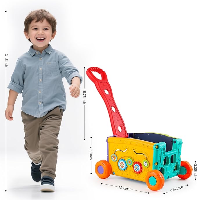Interactive Learning Push Walker Toy for Toddlers, Musical Activity Wagon with Handle, Educational Rolling Cart with Blocks，Suitable for 18 Month Old Boys and Girls