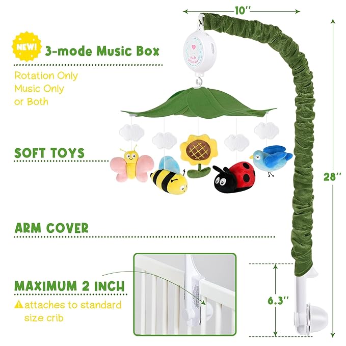 Garden Friends Crib Mobile – Baby Mobile for Crib with Upgraded 3-Mode Music Box, Baby Mobile with Butterflies for Boys & Girls, Nursery Mobiles, Fits Standard Cribs Standard Cribs