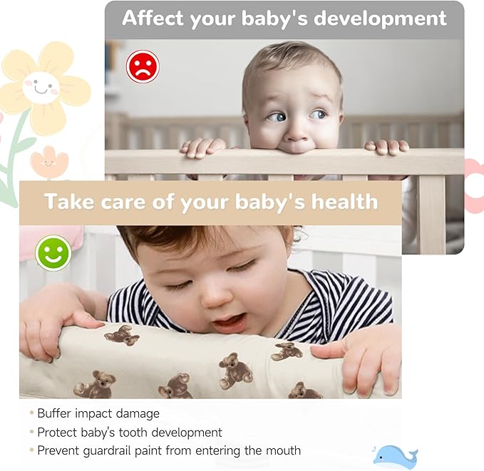 SZRUNZHU4pcs New Teething Edge Crib Rail Cover&Corner Guard Coverage Straps,Reversible Guardrail Cover Protector for Boys Girls (2 Long 2 Short Bear)