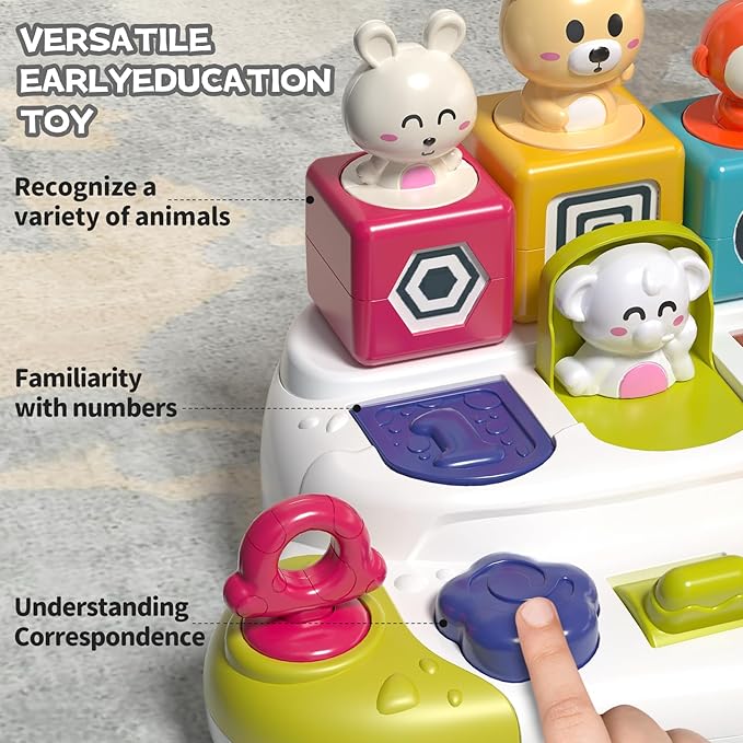 Baby Pop Up Animal Toys with Buttons & Colors, Montessori Cause and Effect Toys for Boys Girls, Kids, Toddlers, Babies – 9 Months +