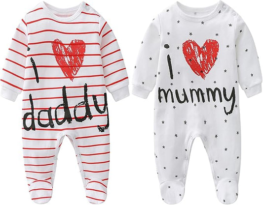 2-Pack Baby Clothes Newborn Bodysuits I Love Daddy &Mummy Romper, Cotton Footed Pajamas for Baby Boys and Girls