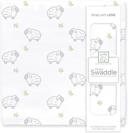 SwaddleDesigns Cotton Muslin Swaddle Blanket, Receiving Blanket for Boys & Girls, Best Shower Gift, 46x46 inches, Little Lambs, Sterling
