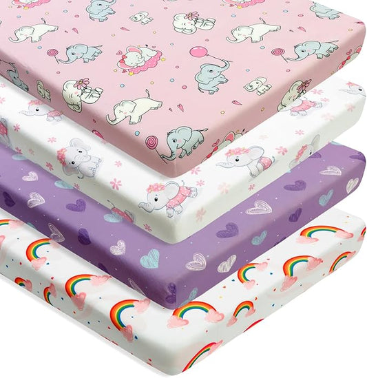 4 Pack Baby Girl Pack N Play Mini Crib Sheets Set Soft Fitted Elephant Theme Baby Girl Mattress Covers Breathable Toddler Bed Sheets for Infant or Newborn(Elephant, Pack N Play Mini Crib Sheets)