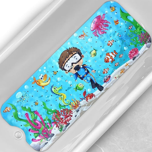 Linoows Baby Bath Tub Mat, Extra Large Non Slip Kids Cartoon Bathtub Shower Mats with Suction Cups & Drain Holes, Machine Washable for Bathroom, 40 x 16 Inch, Undersea-Diver