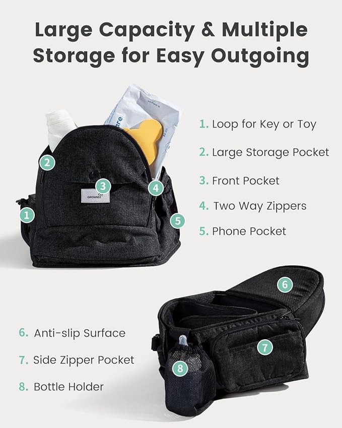Baby Hip Carrier, GROWNSY Supportive Hip Carrier with Safety Belt for Baby Toddler Up to 50lbs, Large Capacity Pockets, Adjustable Waistband for Different People, Black