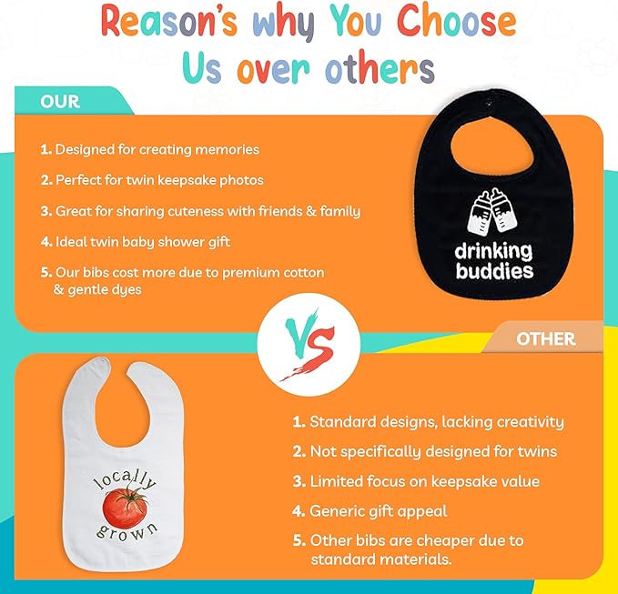 100% Cotton Drinking Buddies Twin Bibs Cute & Practical Unisex Bibs for Twins with Waterproof, Durable, for Everyday Use