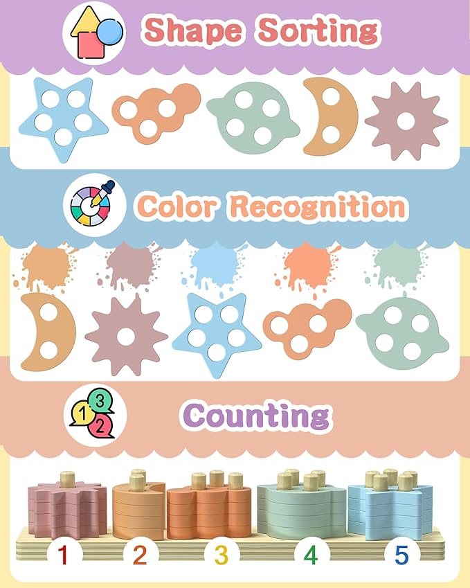 Montessori Toys for 1 2 3 Year Old Boy Girl, Star Shaped Toys for Ages 2-4 Toddlers Kids Baby, 1 2 Year Old Boy Girl Birthday Gifts, Wooden Learning Puzzles Shape Sorter Toy for Toddlers