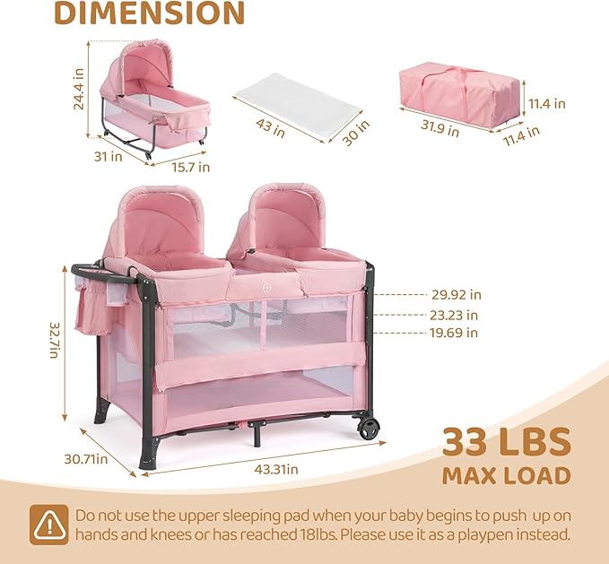 JOYMOR Twin Bassinet for Baby, Pink Bedside Bassinet, Convertible to Bedside Sleeper and Playpen, with Wheel, Brake, Foldable Side Sleeper