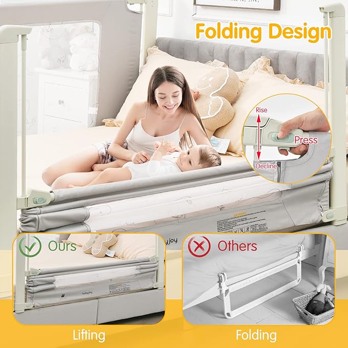 BABY JOY Bed Rails for Toddlers, 59'' Extra Long, Height Adjustable Kids Rail Guard w/Double Safety Lock for Convertible Crib, Folding Baby Bedrail for Twin Double Full Size Queen King Mattress, Gray