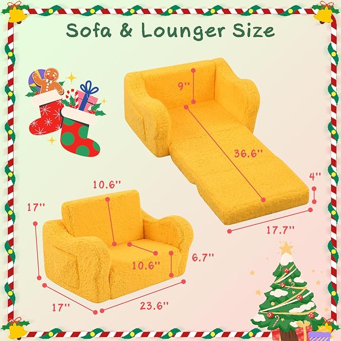 Kids Chairs for Toddler, 2-in-1 Toddler Soft Sherpa Couch Fold Out, Convertible Sofa to Lounger for Girls and Boys, Halloween Decor, Yellow