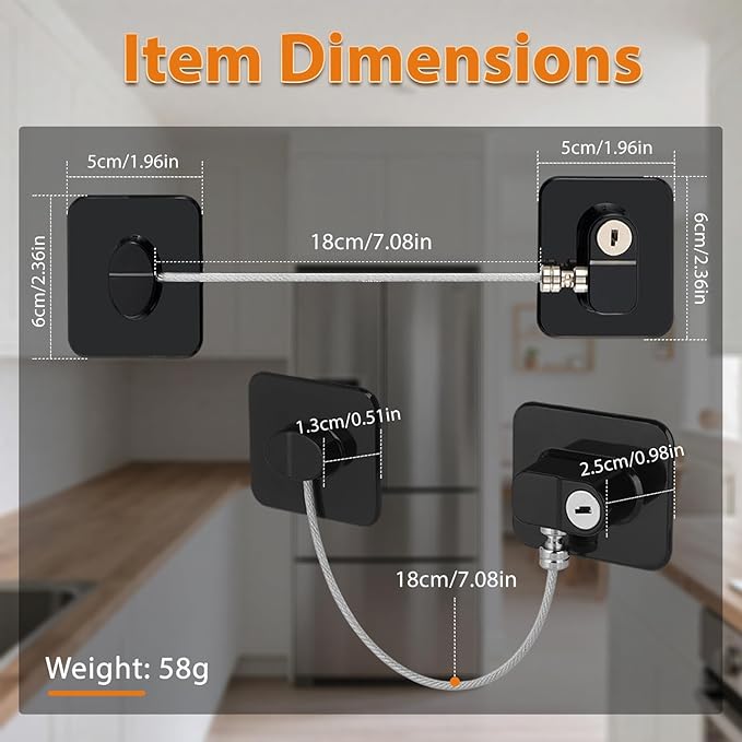 Refrigerator Lock, Child Safety Cabinet Locks, Mini Fridge Locks for Adults, Heavy Duty Lock for Refrigerator Cabinets, Drawers, Safety with Key, Black (2 PCS)