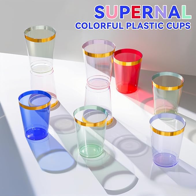 supernal 100 Pcs Blue Plastic Cups,10 Oz Clear Blue Disposable Cups with Gold Trim,Plastic Cocktail/Drink/Bridal Shower/Baby Shower Cups for Party,Wedding and Birthday,Cute Disposable Cup