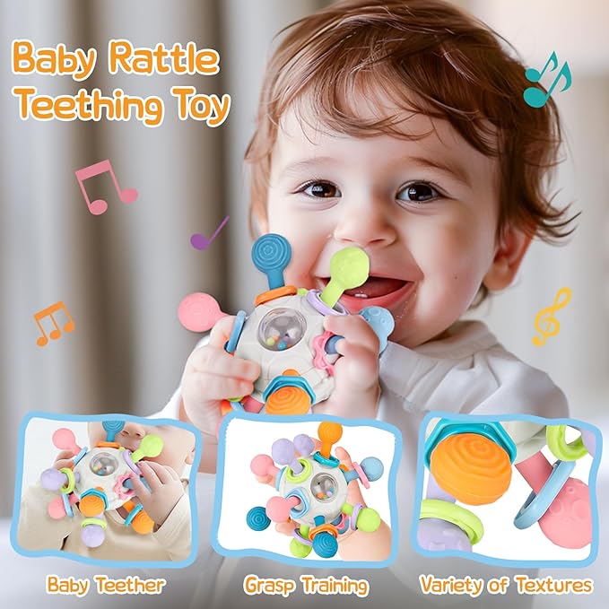 5 Pcs Baby Montessori Toys for 6 12 18 Months, Gift for 1 Year Old Boy Girl, Baby Tissue Box, Dino Matching Egg, Pull String Toy, Teething Toy, Stacking Cup