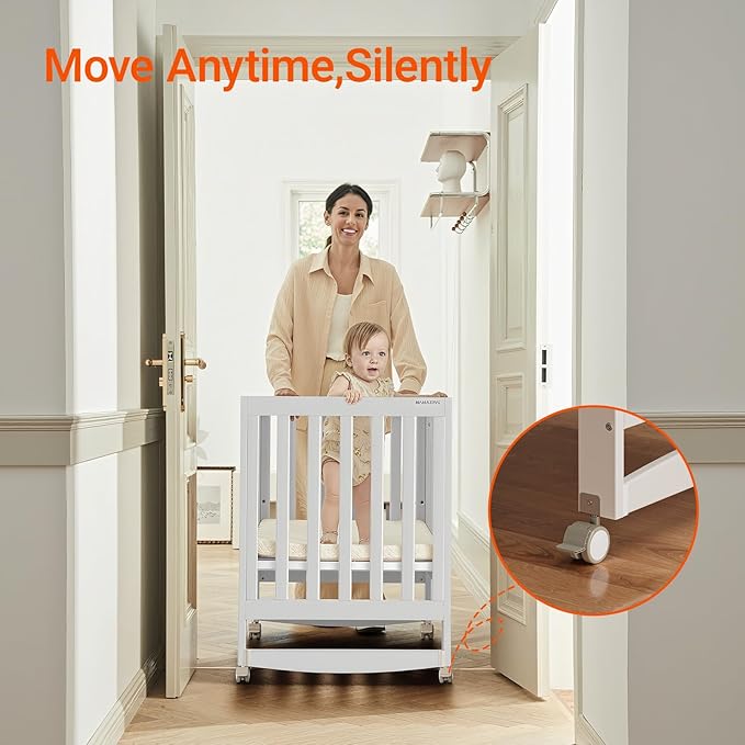 EvoNest Baby Crib, 6 in 1 Convertible Mini Crib with Wheels, 100% New Zealand Pinewood Growing Bed, 4 Adjustable Mattress Height， (Milk)