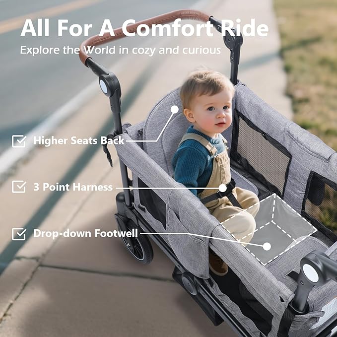 Kinder King Folding Wagon Stroller for 2 Kids, All-Terrain Baby Stroller Wagon Outdoor, Removable Canopy 2 Seater, Adjustable Handle, Shock-Absorbing Wheel, Detachable Tray, Parent Organizer, Gray