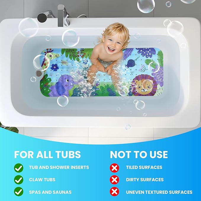 Linoows Baby Bath Tub Mat, 40 x 16 Inch Extra Large Non Slip Kids Cartoon Bathtub Shower Mats with Suction Cups & Drain Holes, Machine Washable for Bathroom, Forest Animals