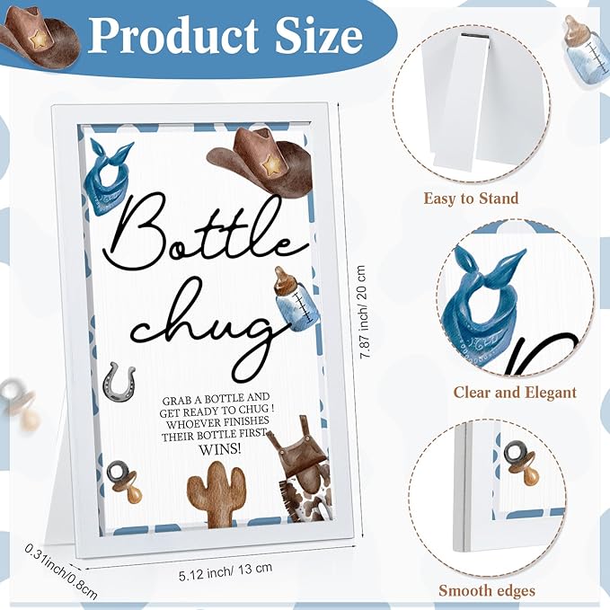 Roowest Bottle Chug Baby Shower Game Sign Wooden Game Table Decor 18 Pcs Baby Bottles 120 ml Mini Milk Bottles Baby Bottles for Baby Shower Game Gender Reveal Party (Blue,Cowboy)