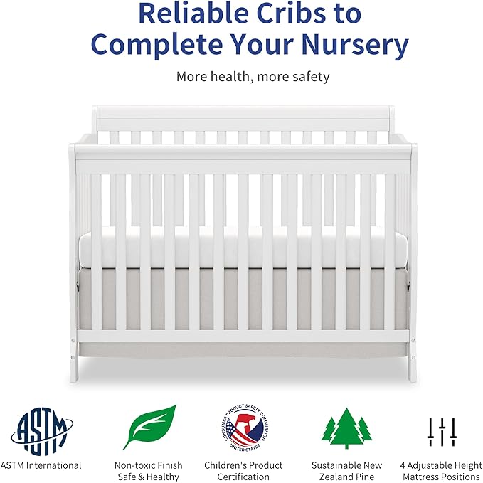 Baby Crib 5-in-1 Convertible, Wooden Cribs Converts to Toddler Bed, Daybed and Full-Size Bed, Nursery Furniture with Non-Toxic Finishes (White)