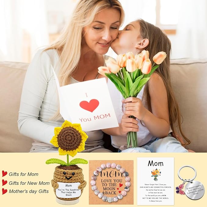 Lamyba Mom Gifts,Mothers Day Gifts for Mom,Birthday/Christmas/Valentine's Day Gift,Handmade Positive Sunflower Doll Crochet with Card,Keychains,Bracelet and Gift Card