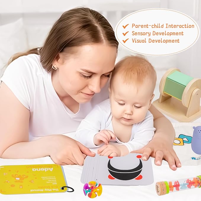 Adena Montessori Play Kit for 0-6 Month Baby,9 in 1 Learning Kit Includ Black&White Card,Rainmake Rattle,Sensory Ball,Tummy Time Wobbler,Tissue Box,Tissue,Rainbow Ball,Rainbow Drum,Suction Cup Spinner